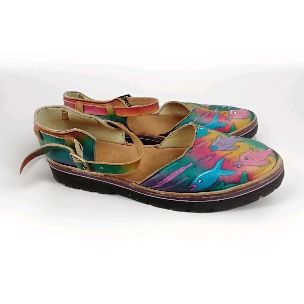 Those‎ Shoes Hand Painted Leather Fish Shark Mary Jane Flats Rainbow  7